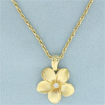 Hawaiian Plumeria Flower Diamond Necklace in 14k Yellow Gold