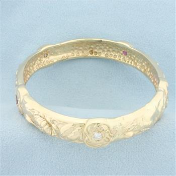 Hawaiian Ruby and Diamond Heavy Bangle Bracelet in 14k Yellow Gold