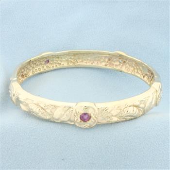 Hawaiian Ruby and Diamond Heavy Bangle Bracelet in 14k Yellow Gold
