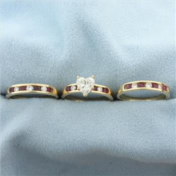 Heart Diamond and Ruby Engagement Ring and Wedding Band Ring Bridal Set in 14k Yellow Gold