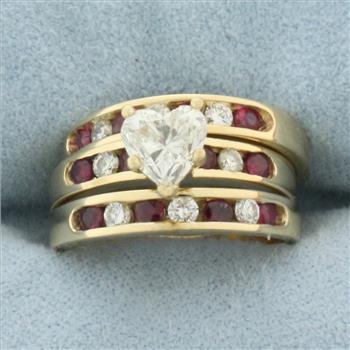 Heart Diamond and Ruby Engagement Ring and Wedding Band Ring Bridal Set in 14k Yellow Gold