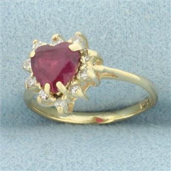 Heart Ruby and Diamond Halo Ring in 14k Yellow Gold