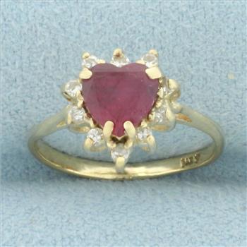 Heart Ruby and Diamond Halo Ring in 14k Yellow Gold
