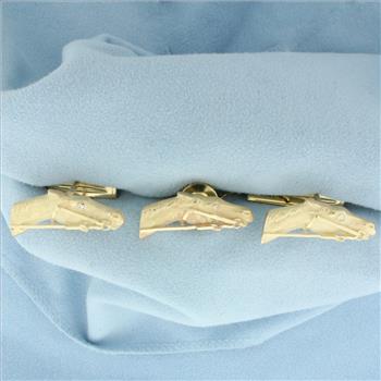 Horse Racing Diamond Cufflinks and Tie Tack Pin Set in 14k Yellow Gold