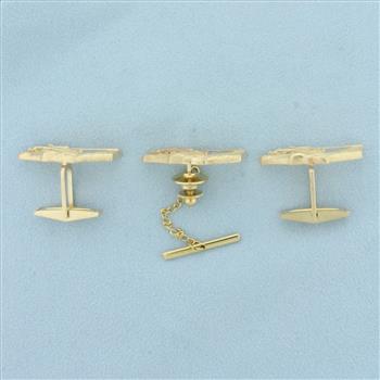 Horse Racing Diamond Cufflinks and Tie Tack Pin Set in 14k Yellow Gold