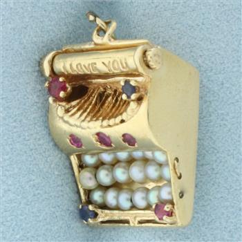 I Love You Gemstone Typewriter Charm or Pendant in 14k Yellow Gold