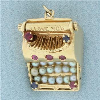 I Love You Gemstone Typewriter Charm or Pendant in 14k Yellow Gold