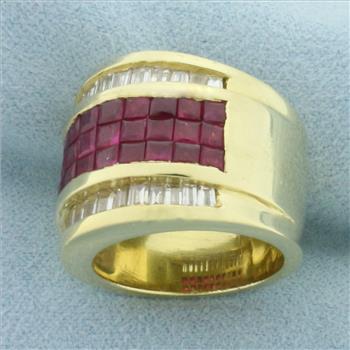 Invisible Set Ruby and Diamond Ring in 18k Yellow Gold