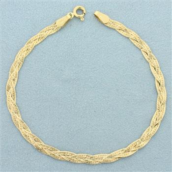Italian Braided Sandblast Finish Herringbone Link Bracelet in 14k Yellow Gold