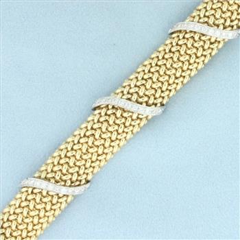 Italian Diamond Stripe Design Wide Mesh Bracelet in 14k Yellow Gold