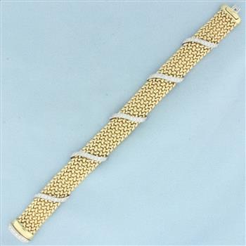 Italian Diamond Stripe Design Wide Mesh Bracelet in 14k Yellow Gold