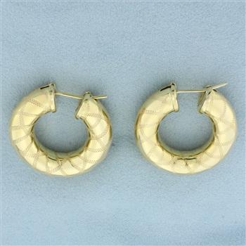 Italian Etched Design Hoop Earrings in 14k Yellow Gold