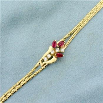 Italian Made 3/4ct TW Ruby and Diamond Flower Design Bracelet in 14K Yellow Gold