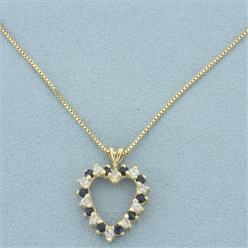 Italian Sapphire and Diamond Heart Necklace in 14k Yellow Gold