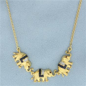 Italian Sapphire, Ruby, and Diamond Elephant Necklace in 18k Yellow Gold
