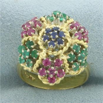 Italian Sapphire Ruby and Emerald Flower Ring in 18k Yellow Gold