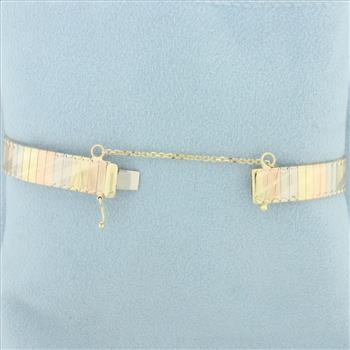 Italian Tri Color Diamond Cut Omega Bracelet in 14k Yellow, Rose, and White Gold