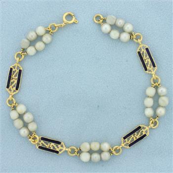 Italian Vintage Pearl Enamel Bracelet in 18k Yellow Gold