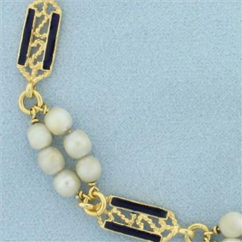Italian Vintage Pearl Enamel Bracelet in 18k Yellow Gold