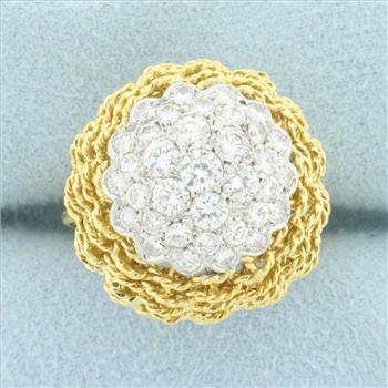 Italian Woven Design Diamond Bombe Ring in 18k Yellow Gold