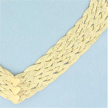 Italian Woven V-Neck Heart Necklace in 14k Yellow Gold