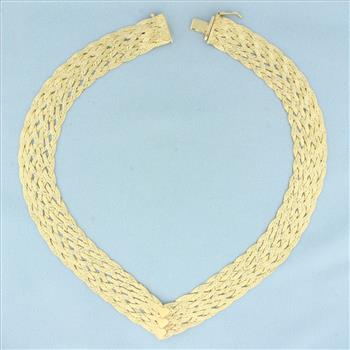 Italian Woven V-Neck Heart Necklace in 14k Yellow Gold