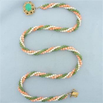 Jade, Pink Skin Coral, and Pearl Necklace in 14k Yellow Gold