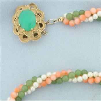Jade, Pink Skin Coral, and Pearl Necklace in 14k Yellow Gold