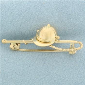 Jockey Helmet Riding Crop Racing Horse Brooch in 18k Yellow Gold