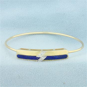 Lapis Lazuli and Diamond Hinged Bangle Bracelet in 14k Yellow Gold
