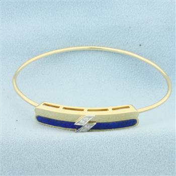 Lapis Lazuli and Diamond Hinged Bangle Bracelet in 14k Yellow Gold