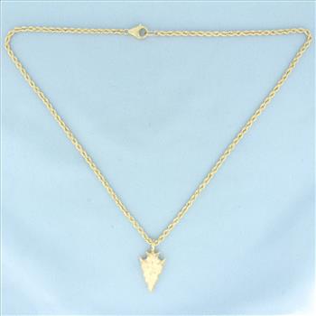 Large Arrowhead Pendant on Rope Chain Necklace in 14k Yellow Gold
