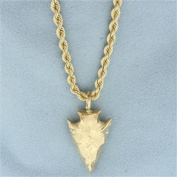Large Arrowhead Pendant on Rope Chain Necklace in 14k Yellow Gold