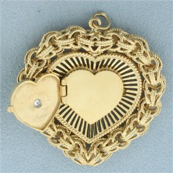 Large Diamond Heart Locket Pendant in 14k Yellow Gold