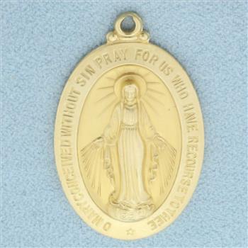 Large Miraculous Medal Virgin Mary Pendant in 14k Yellow Gold