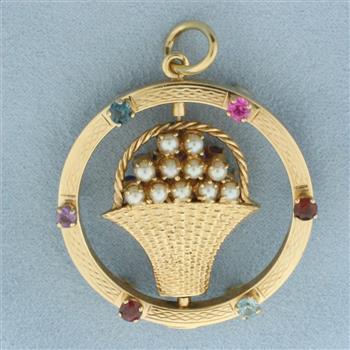 Large Rotating Pearl and Gemstone Flower Bouquet Pendant in 14K Yellow Gold