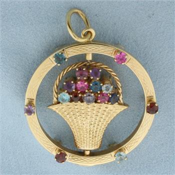 Large Rotating Pearl and Gemstone Flower Bouquet Pendant in 14K Yellow Gold