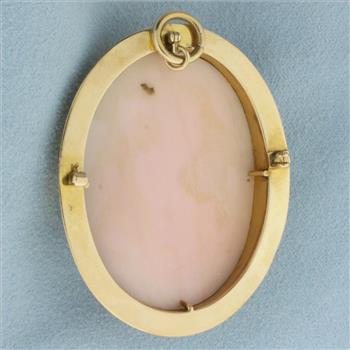 Large Vintage Carved Shell Cameo Pendant in 10k Yellow Gold