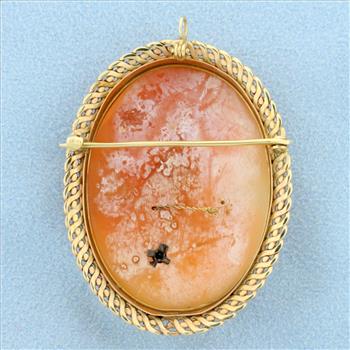 Large Vintage Hand Carved Shell Diamond Cameo Pendant or Pin in 14K Yellow Gold