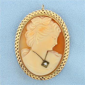 Large Vintage Hand Carved Shell Diamond Cameo Pendant or Pin in 14K Yellow Gold
