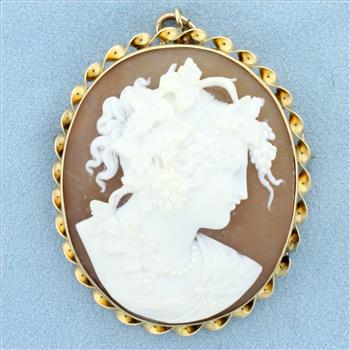 Large Vintage Shell Cameo Pin or Pendant in 10k Yellow Gold