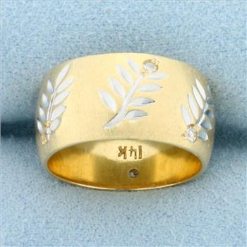 Leaf Nature Design Diamond Band Ring in 14k Yellow Gold