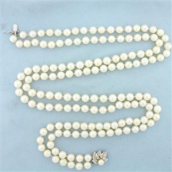 Long 25 Inch Vintage Akoya Pearl Double Strand Necklace in 14K White Gold