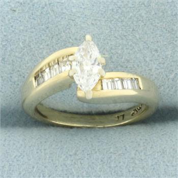 Marquise and Baguette Diamond Engagement Ring in 14k Yellow Gold