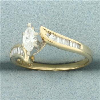Marquise and Baguette Diamond Engagement Ring in 14k Yellow Gold
