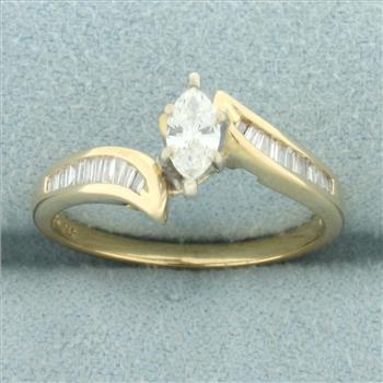 Marquise and Baguette Diamond Engagement Ring in 14k Yellow Gold