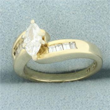 Marquise and Baguette Diamond Engagement Ring in 14k Yellow Gold