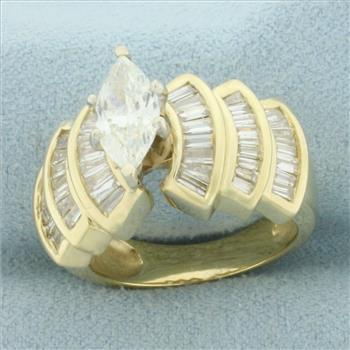 Marquise and Baguette Diamond Engagement Ring in 14k Yellow Gold
