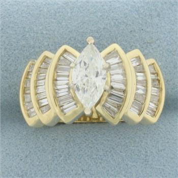 Marquise and Baguette Diamond Engagement Ring in 14k Yellow Gold