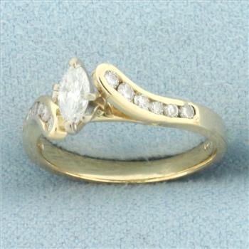 Marquise and Round Diamond Bypass Engagement Ring in 14k Yellow Gold